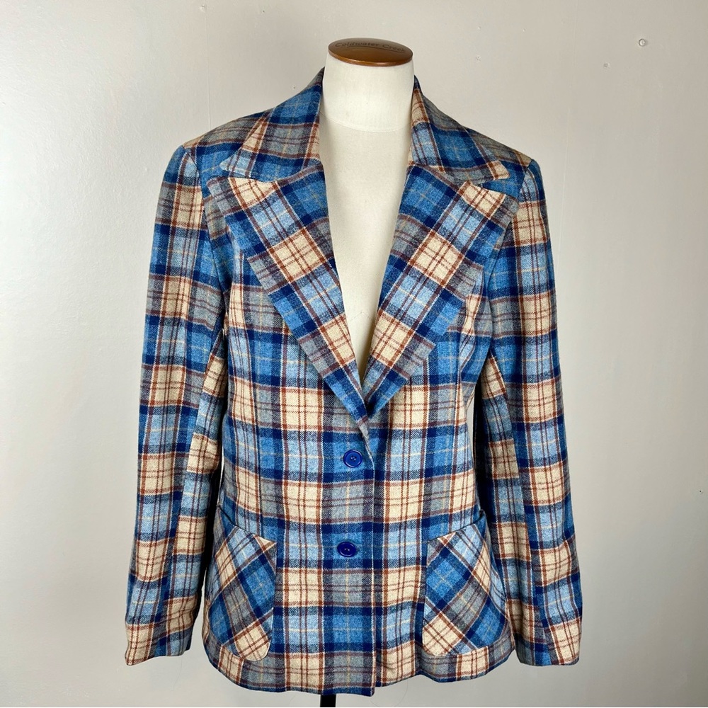 Vintage 70s Plaid Wool Blazer Jacket Patch Pockets Wide Lapel Medium